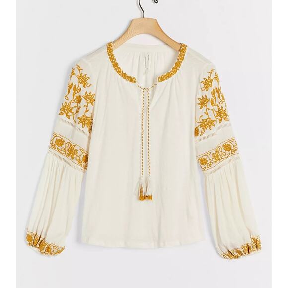 Anthropologie Tops - By Anthropologie Aja White Knit Golden Yellow Embroidered Long Sleeve Boho Top